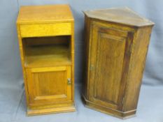 TWO VINTAGE OAK FURNITURE ITEMS of bedside cabinet with single top drawer and lower cupboard door
