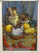 MOSS WILLIAMS watercolour - richly coloured still life study of fruit vessels and a pottery hen on