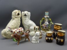 MIXED GROUP OF POTTERY & PORCELAIN ORNAMENTS including a set of three Goebel Friar jugs, a floral