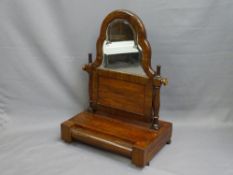 REGENCY MAHOGANY TOILET MIRROR having shaped bevelled edged glass and lower panel on a single drawer