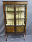 EDWARDIAN LEADED GLASS CHINA DISPLAY CABINET with inlaid garland detail, on tapering supports with