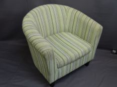 MODERN STRIPE UPHOLSTERED TUB TYPE ARMCHAIR, 72cms H, 81cms W, 52cms seat D