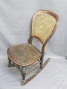 VINTAGE FARMHOUSE ROCKING CHAIR with Bergere canework balloon shaped back, 83.5cms H, 45cms W, 44cms