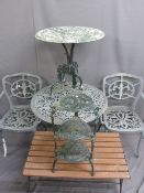 METAL GARDEN FURNITURE, a quantity, including two circular topped tables, two armchairs, a teak