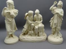 THREE PARIAN FIGURAL ORNAMENTS depicting various scenes, the tallest 40cms H