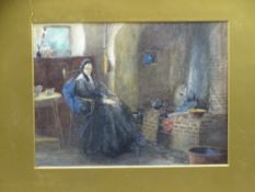 19th CENTURY WATERCOLOUR - study of an elderly woman sat before a fire, unsigned, 24 x 33cms
