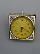 SMALL ENAMEL & WHITE METAL CASED ALARM CLOCK, possibly Russian, 6.5cms square