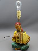 RARE BOSSONS CHALKWARE LAMP BASE of a gypsy figure playing an accordion, 33.5cms H including
