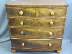 VICTORIAN BOW FRONT MAHOGANY CHEST of two short over three long drawers with turned wooden knobs