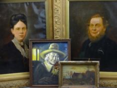 TWO GILT FRAMED OILOGRAPH PORTRAIT STUDIES along with two smaller framed oils on board - 'Naive