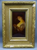 GILT FRAMED EDWARDIAN CRYSTOLEUM of a young girl holding a lit candlestick, 23.5 x 12.5cms