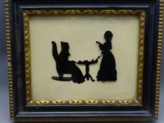 VINTAGE REVERSE PAINTED SILHOUETTE ON GLASS of two ladies by a tripod table, 12.5 x 16cms