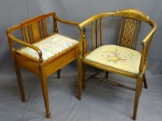 CIRCA 1900 STRING INLAID ARMCHAIR and a similarly inlaid box seat stool, 77cms H, 52cms W, 40.5cms
