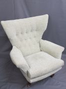 STYLISH MODERN ROSEWOOD & BUTTON UPHOLSTERED WINGBACK ARMCHAIR and footstool (cushion lacking to