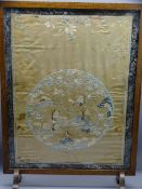 LATE 19th/EARLY 20th CENTURY CHINESE EMBROIDERED SILK PANEL FIRESCREEN, 79cms H, 58.5cms W complete