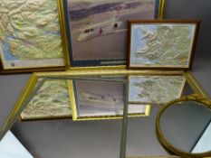 GILT FRAMED & OTHER MODERN WALL MIRRORS, two plastic relief maps and a photographic image of the