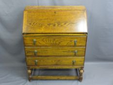 VINTAGE OAK FALL FRONT BUREAU, 95.5cms H, 63.5cms W, 37cms D