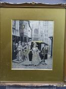 A PEREZ silkwork print - well-dressed figures in a Continental street scene, 23 x 19cms