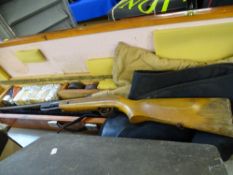 VINTAGE AIR RIFLE stamped 'Made in Hungary' in a homemade wooden case, .22 calibre with tins of