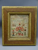 SMALL, POSSIBLY MID 19th CENTURY SAMPLER 14.5 x 11.5cms, no date, no name, mounted within a frame,