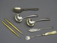SILVER FLATWARE & PROPELLING PENCILS, a pair of silver ladles 1925, jam spoon 1921, a mother of