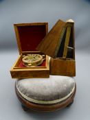 VINTAGE METRONOME, circular foot stool and a reproduction brass compass in a walnut lidded box
