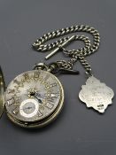 LONDON 1853 OPEN FACED SILVER KEYWIND POCKET WATCH and Albert chain with T-bar and fob, the silvered