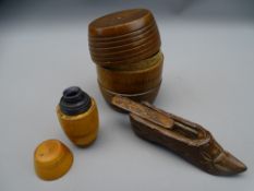 THREE ITEMS OF VINTAGE TREEN including a small carved shoe form snuff box and two barrel form