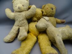 THREE VINTAGE TEDDY BEARS and a dog, including a musical circa 1950s bear, possibly Chiltern by