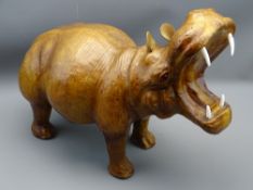 VINTAGE LEATHER HIPPOPOTAMUS after Dimitri Omersa, Abercrombie & Fitch, Liberty style with glass