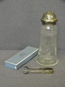 SILVER CLAW SUGAR TONGS, a pair, and a cut glass sugar castor with silver top