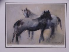 WILLIAM SELWYN coloured limited edition (38/200) print - two ponies, signed in full, 15 x 20cms