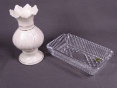 BOXED BELLEEK CHINA CREAMWARE NARROW NECKED VASE (brown mark) and a boxed Waterford oblong crystal