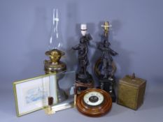 FIGURAL SLATE BASED LAMPS, carved mahogany wall barometer and other vintage items of interest