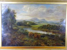 J WELSH oil on canvas - expansive landscape scene with country house in the distance and Highland