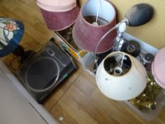 TABLE LAMPS WITH SHADES, a large parcel, a small circular brass encased wall barometer and a Sony