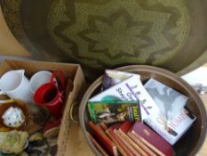 BRASS TRAY with very large circular Burmese type motif and a copper oval two-handled pan with