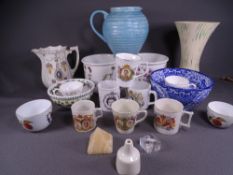 MIXED CHINA including three Portmeirion containers, a large blue Kensington pottery vase, a small