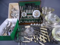 BOX OF MIXED ELECTROPLATED CUTLERY, a canteen of mixed bone handled cutlery and a parcel of
