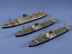 THREE WATERLINE MODEL SHIPS, one 666 scale in possibly painted papier mache and plastic, written and