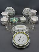 SIX QUALITY GILT RIMMED GLASS FLUTES with gilt scrolled monogram and a small parcel of mixed china