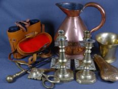 BRASS & COPPERWARE - a copper half gallon beer measure, pair of square base candle holders, a copper
