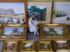 GILT FRAMED PICTURES & PRINTS, a quantity with an Oriental pottery mud man figurine