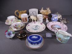 MIXED CHINA - a parcel of mugs, oval Wedgwood Blue Jasper pin dish ETC