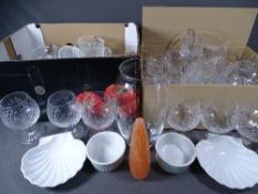 MIXED GLASSWARE, a box, and small box of glassware and ramekins ETC