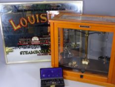 CASED SET OF LABORATORY SCALES by Griffin & George Ltd and a modern advertising mirror for 'The