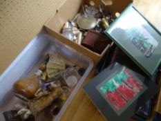 FANS & SMALL ITEMS OF MISCELLANY in a plastic crate and a small suitcase of prints