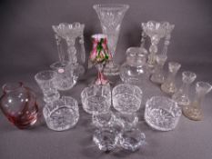 PLAIN GLASS DROP LUSTRE VASES ON CIRCULAR BASES, a pair, a tall glass trumpet vase and other glass