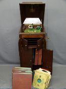 HIS MASTER'S VOICE MAHOGANY CABINET GRAMOPHONE with winder, additional needle sound box, needle tins