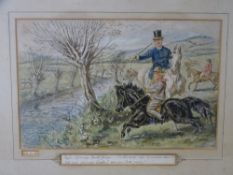 WATERCOLOUR HEIGHTENED PRINT - humorous hunting scene with handwritten title - 'Ruggles Hold Hard